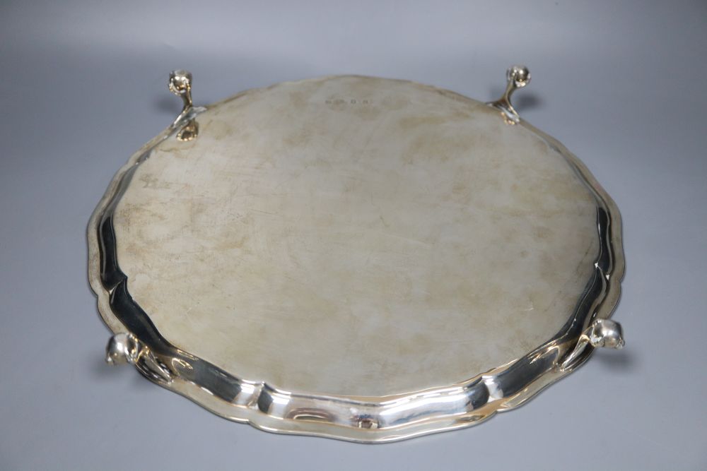 A George V silver salver, with later engraved inscription, London, 1934, 30.5cm, 27oz.